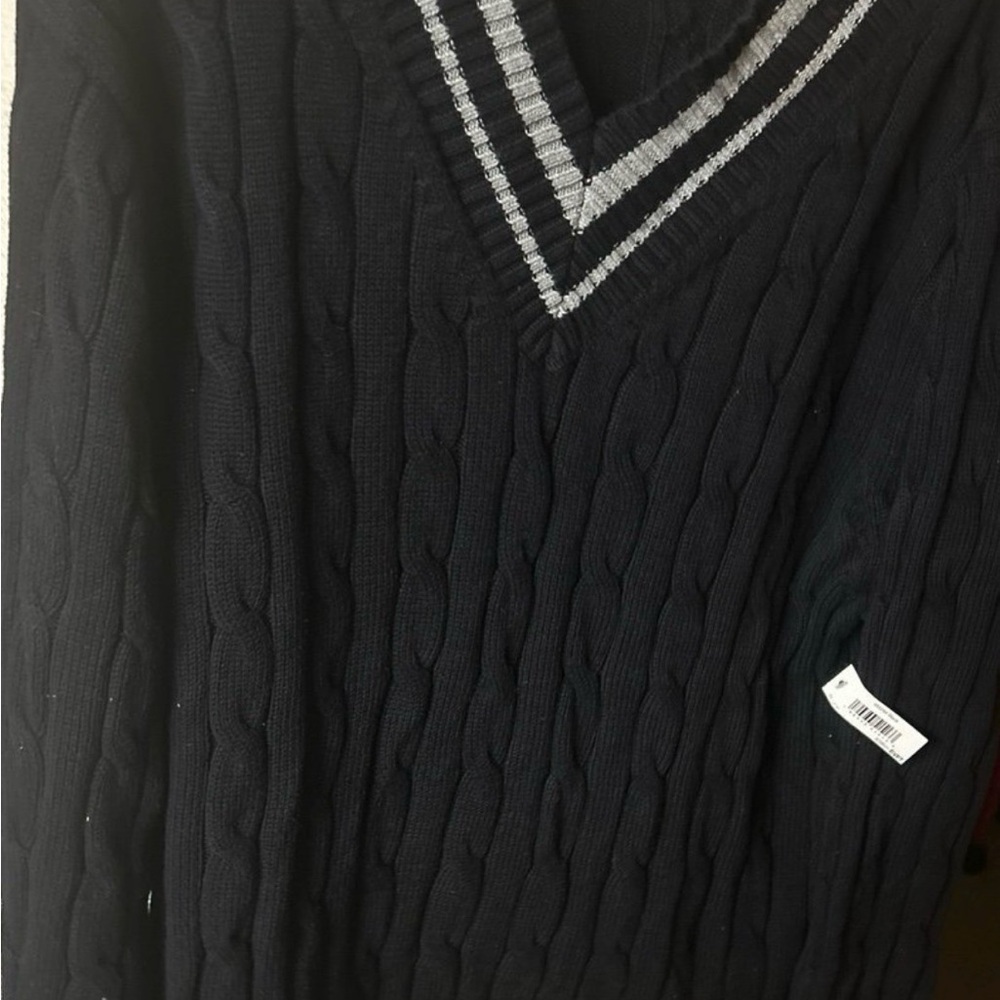 Mens Cable Knit Sweater Vest with Gray Stripes by Amazon